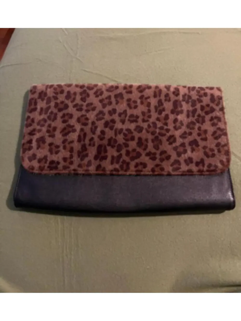 Leopard Print and Black Faux Leather Clutch Purse